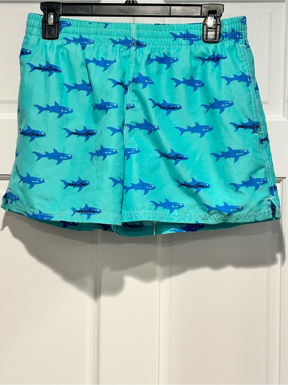 Maui and Sons Turquoise Swim Trunks with Blue Shark Print Size Small